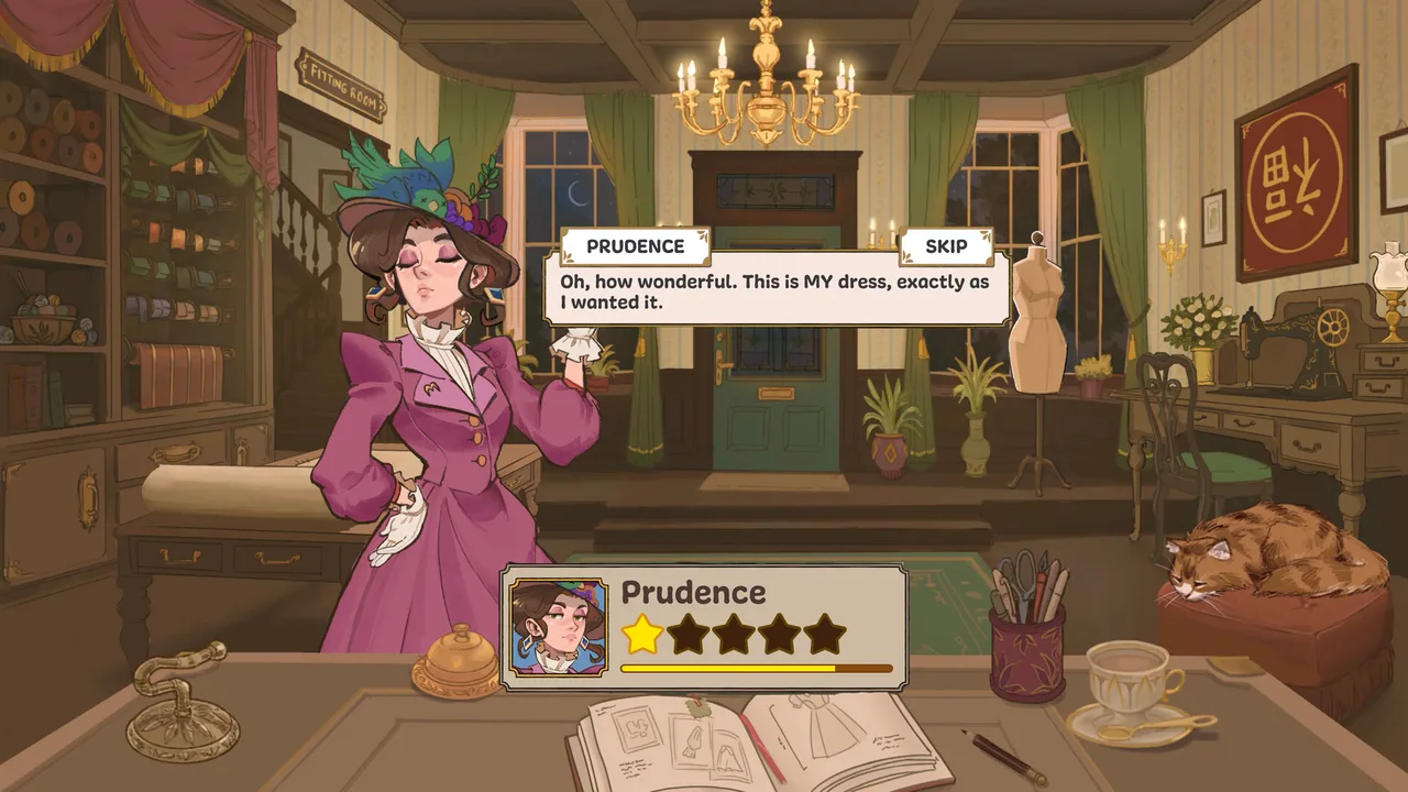 Customer Prudence in a purple dress in the fitting room, with the shop cat asleep on a stool
