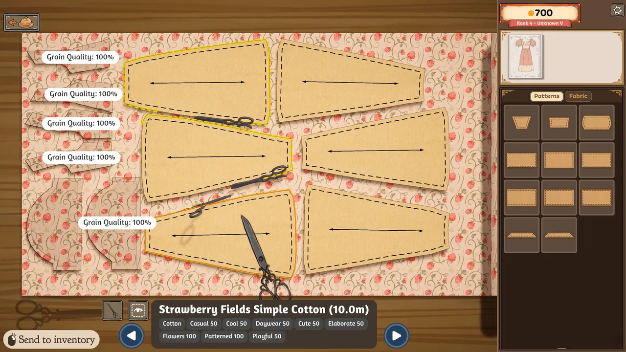 Pattern pieces laid on Strawberry Fields Simple Cotton, each marked grain quality 100 percent