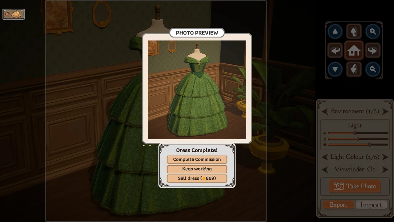 Photo preview of a completed green tiered gown with complete, keep working, or sell options